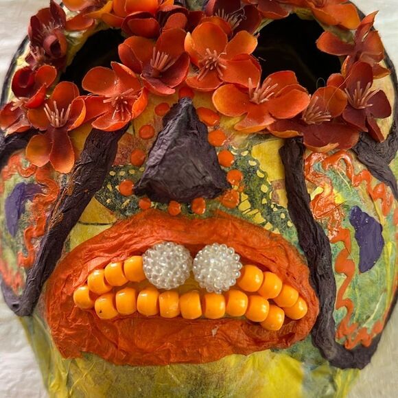 Mask Hand Crafted Day of the Dead Festival Decor Paper Mache Fabric Textile - Picture 2 of 8